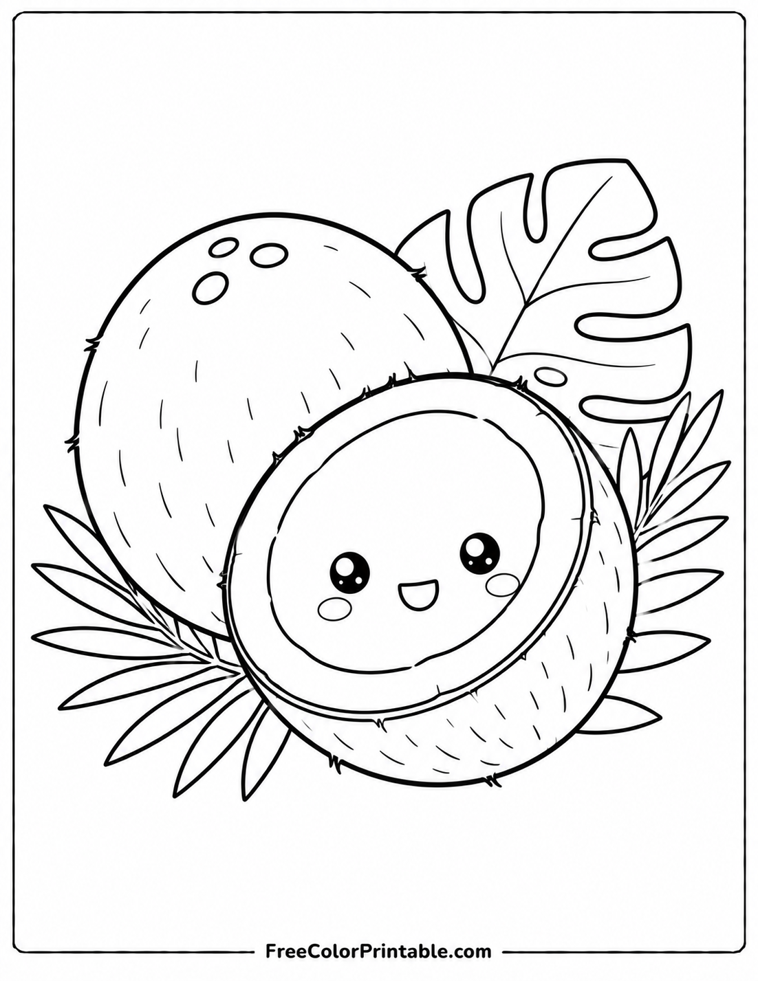 Kawaii coconut with tropical leaves Coloring Page — Free Printable — free printable coloring page